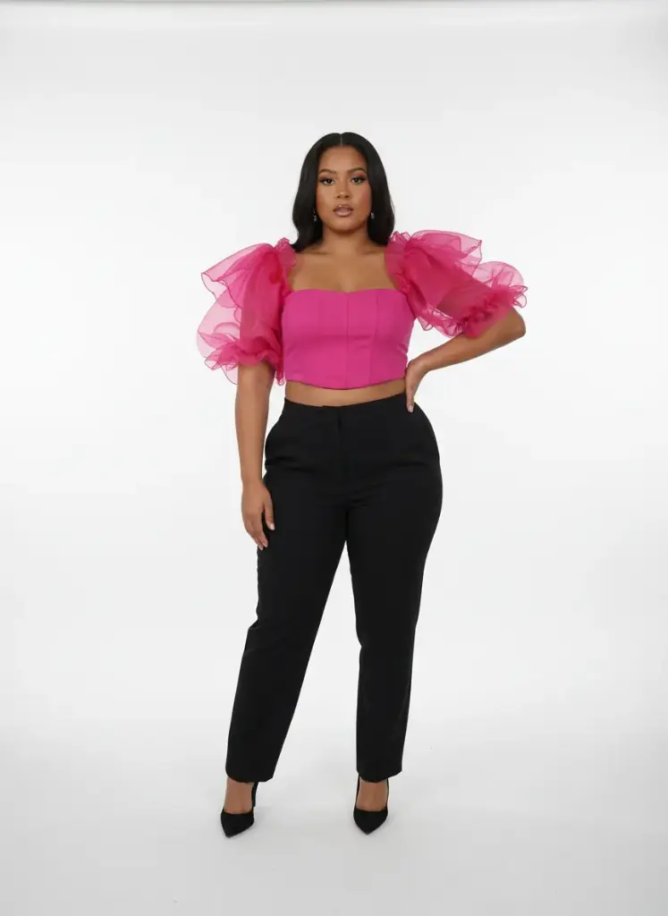 TCROP TOP BANDEAU ROSE AVEC MANCHE FROUFROU