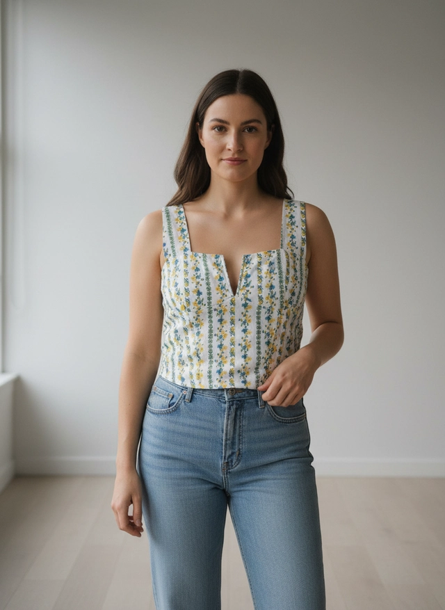 CAMISOLE BLANCHE A FLEUR BLEU ET JAUNE