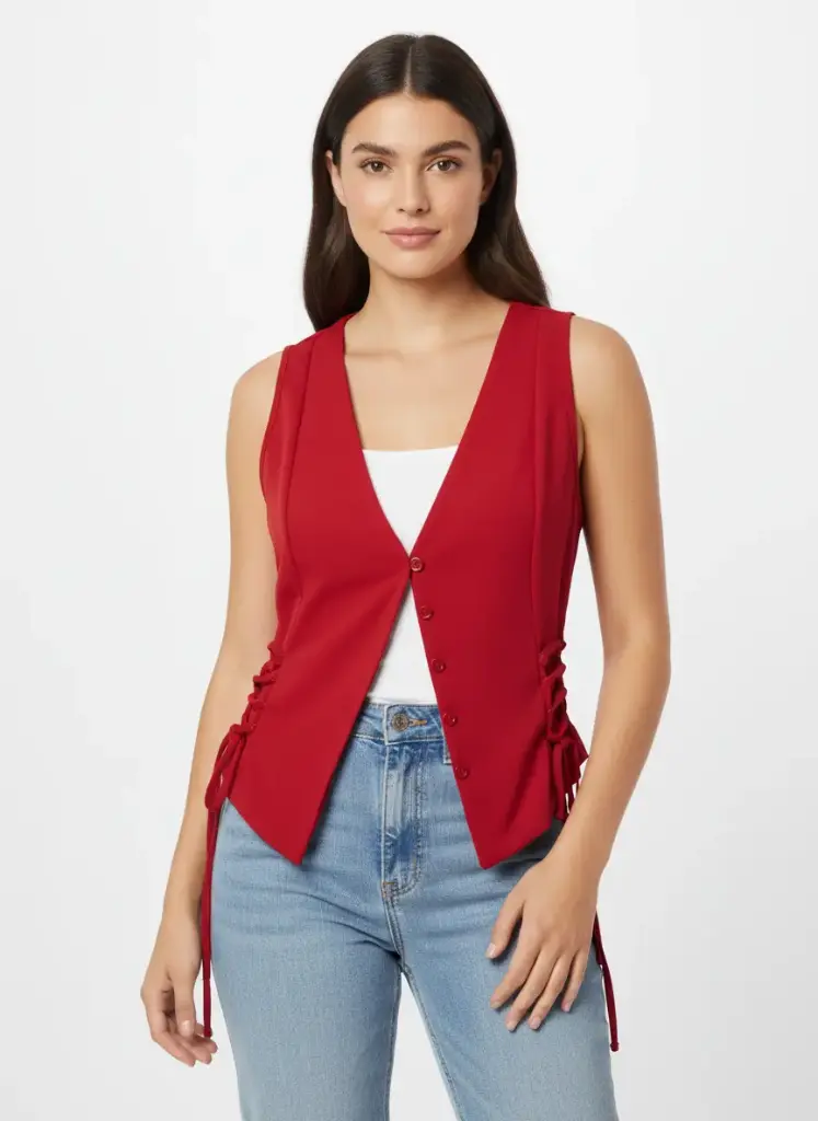 VESTE ROUGE SANS MANCHES  AVEC LACETS SUR LES COTES