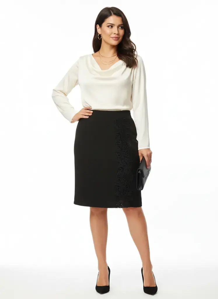 JUPE NOIR AUX GENOUX AVEC DENTELLE DECORATIVE