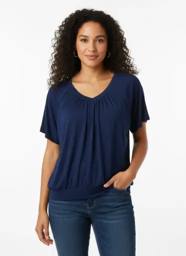 CHANDAIL BLEU MARINE  MANCHES COURTES AVEC PLIS