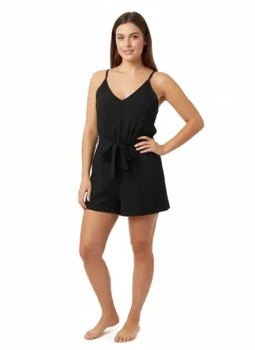 JUMPSUIT COURT NOIR AVEC CEINTURE ET BRETELLES SPAGETTI