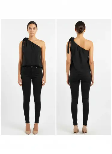 CAMISOLE NOIR UNE ÉPAULE A L'AIR AVEC FLEUR